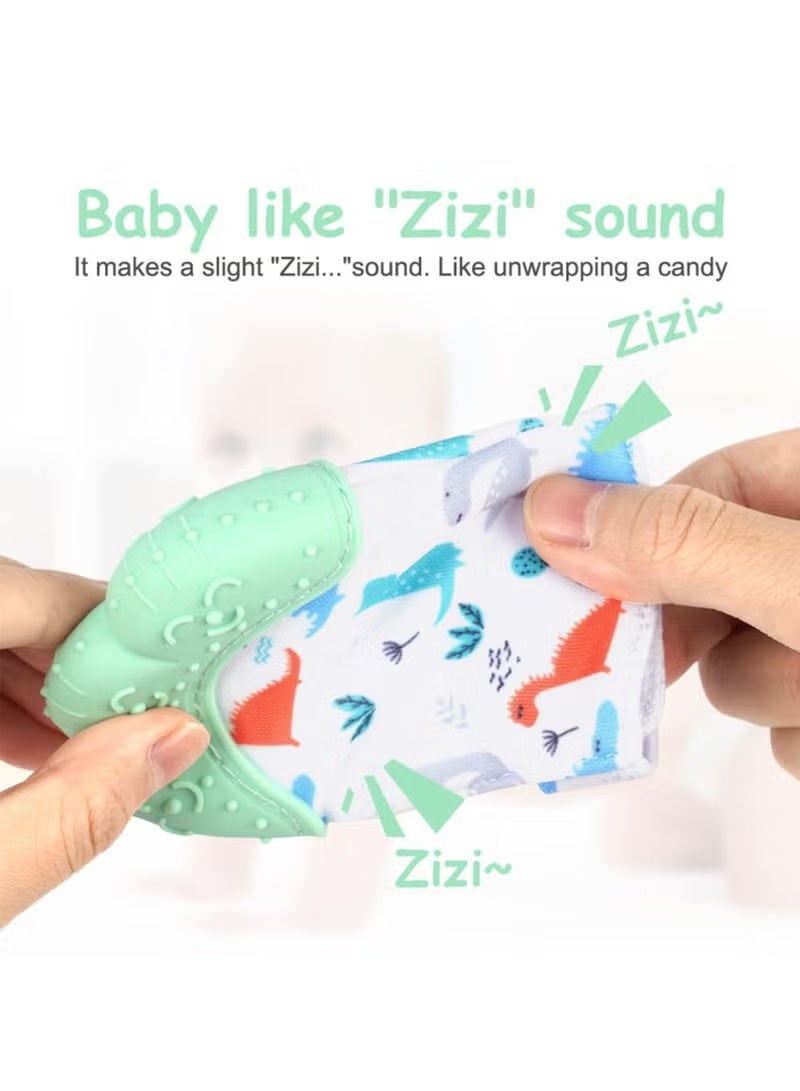 ColaBear 2Pcs Silicone Teething Mitten Set, Baby Teething Toy with Lion & Dinosaur Pattern, Toddler Teething Gloves with Adjustable Strap, Crinkle Sound, Self Soothing Baby Chew Toys for Infants (Green) - Image 5